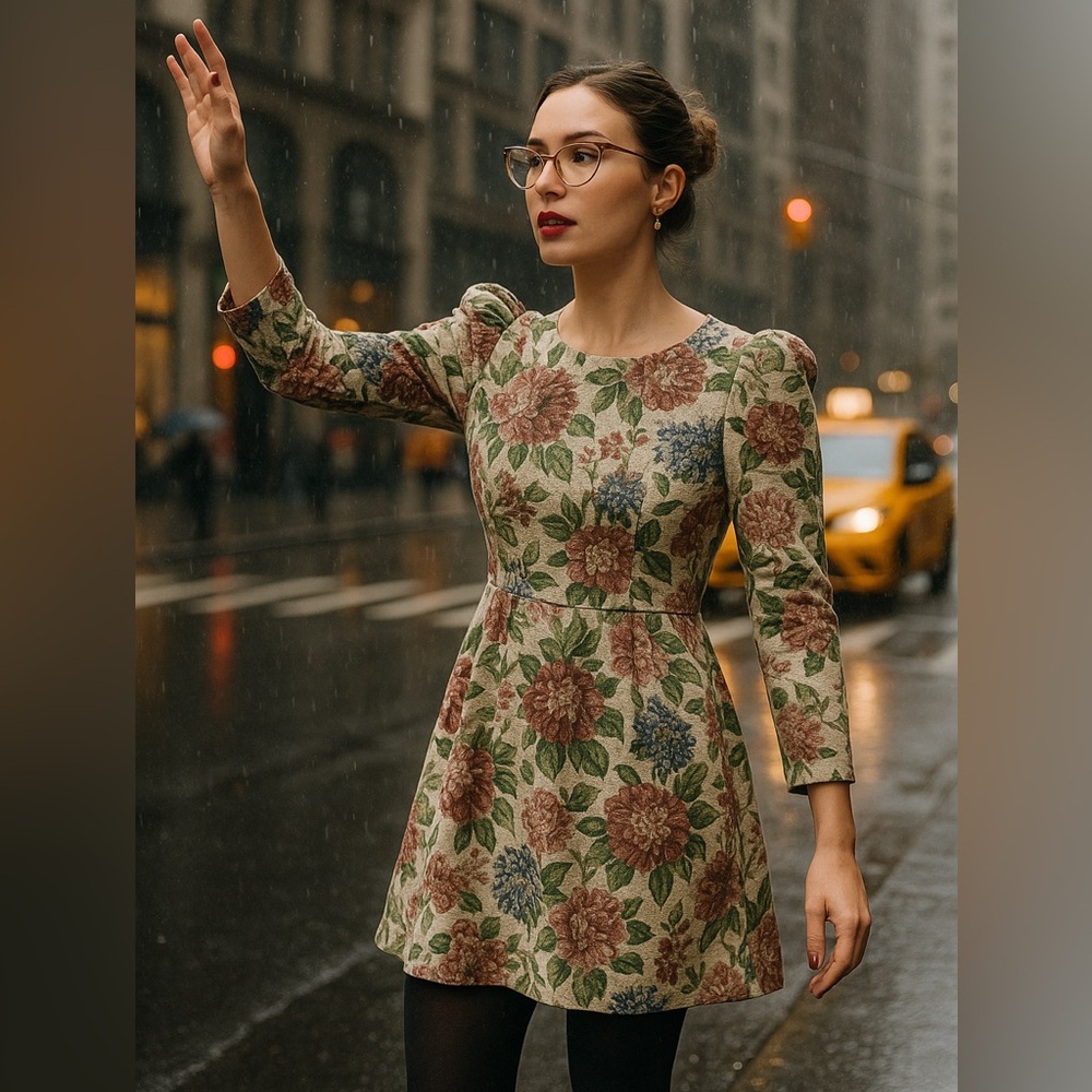 NWT Jacqui E, Size S, Floral Long Puff Sleeve Mini Dress